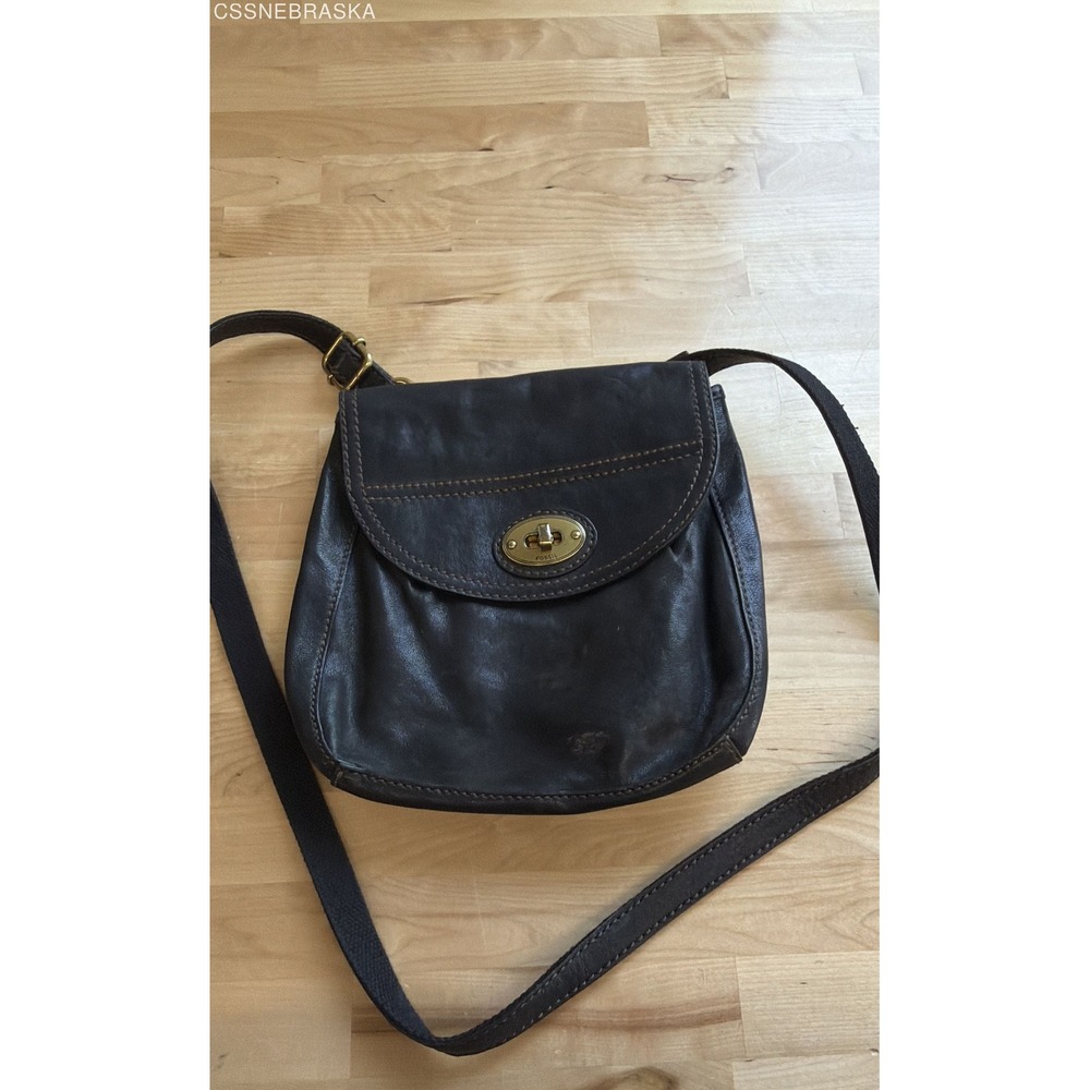 Fossil Black Carson Vintage Leather Turnlock Flap Crossbody Organizer Purse Bag